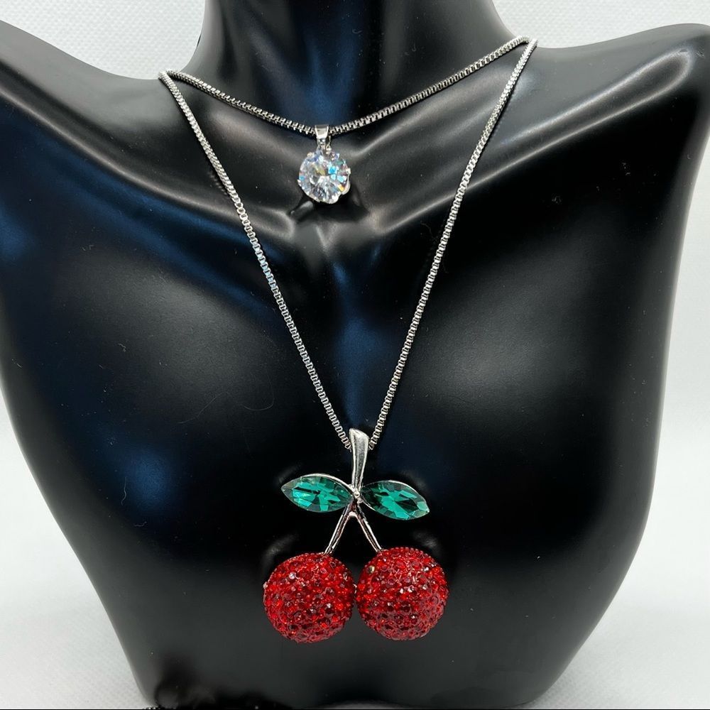 NECKLACE! Betsey Johnson Double Pendant Cherry Gemstone Necklace BNWT - Picture 2 of 5